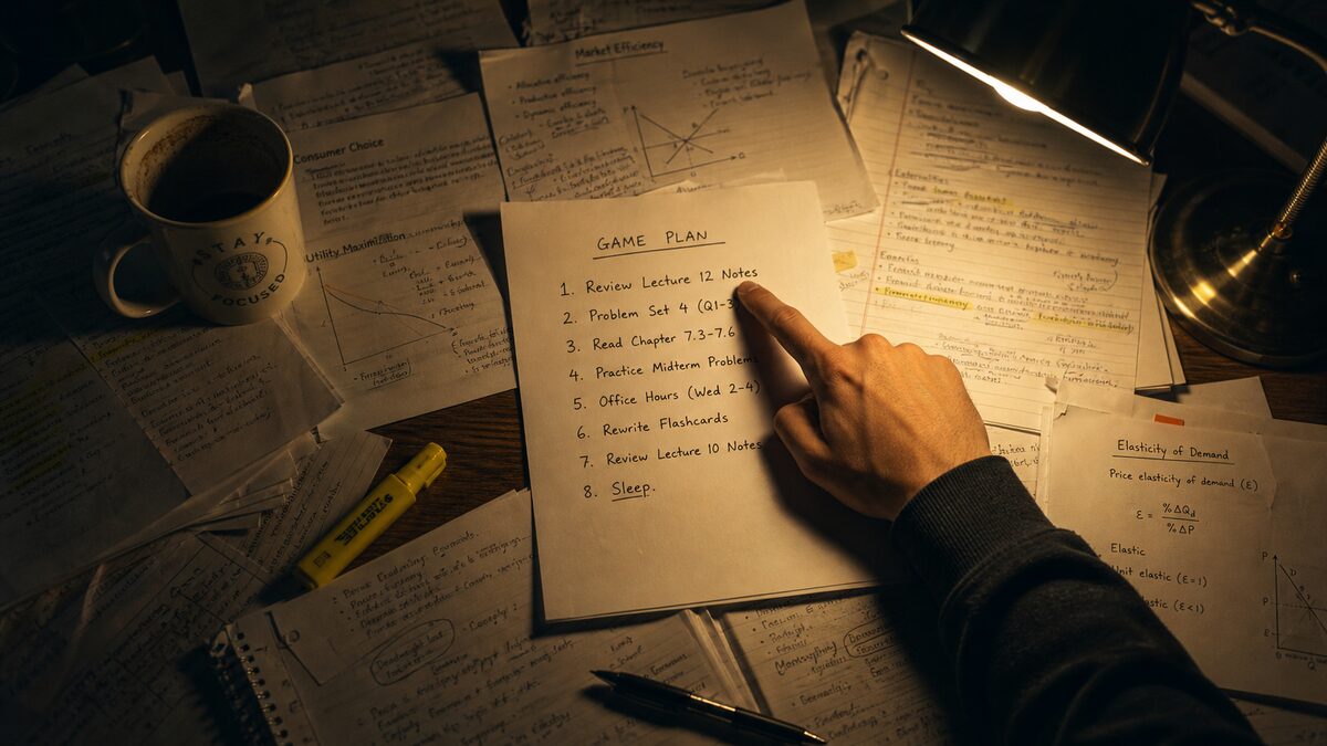 Student study notes spread across a desk with a ranked study plan